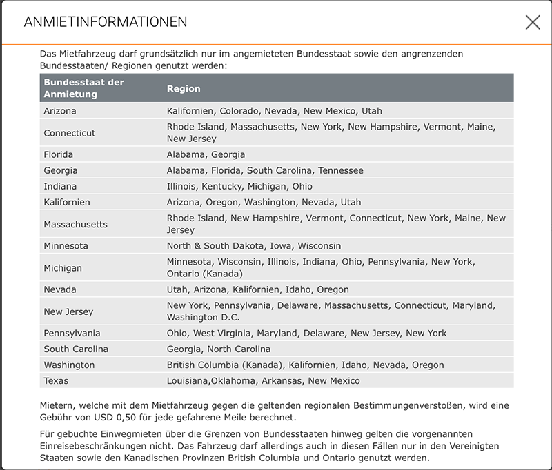 Anmietinformationen der Firma Sixt in den USA